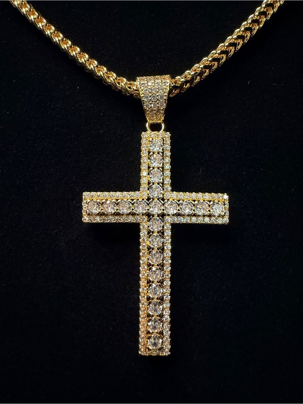 Iced Out Moissanite cross pendant 2.5in w/iced bell 14k gold finish (cross only)